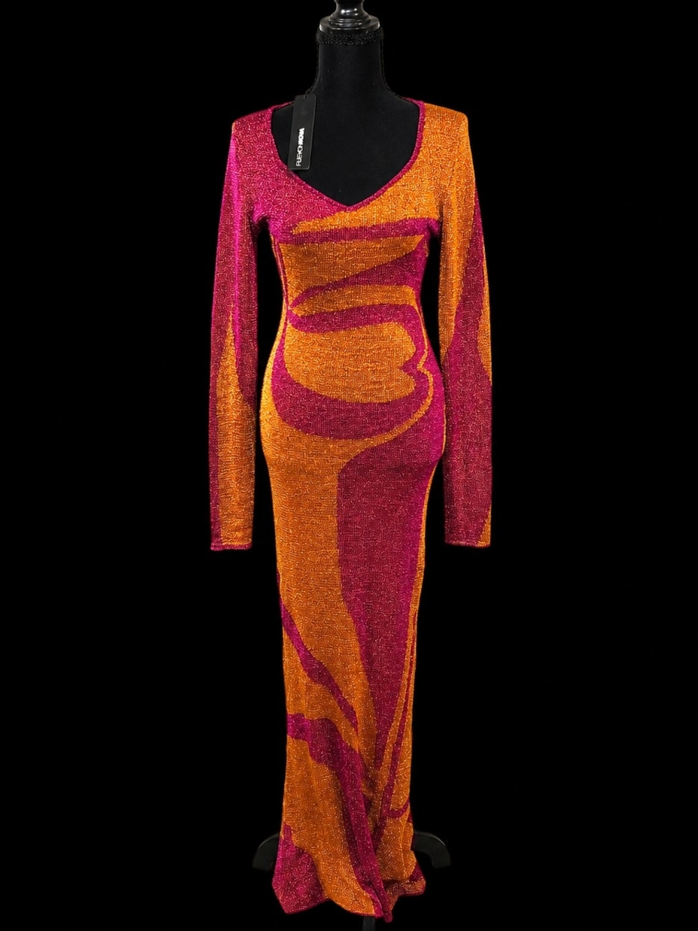 Long Sleeve Pink & Orange Metallic Bodycon Dress